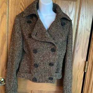 Tweed , wool/mohair/alpaca/nylon/poly blend jacket.   Browns. Floral lining